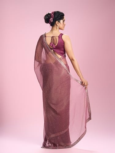 MOHEY Women's Organza Stone Work Saree with Blouse Piece(Purple)