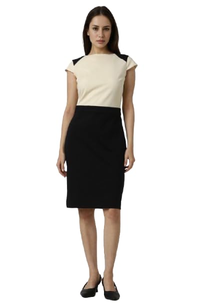 Van Heusen Women Cream Print Knee Length Formal Dress