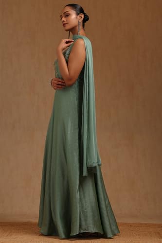 Soch Womens Turquoise Blue Vichitra Embroidered Gown with Cutdana