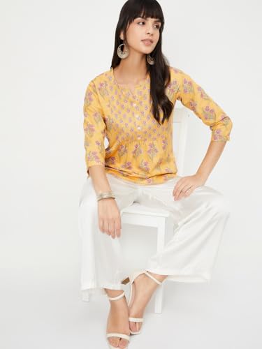 Max Women Floral Print A-line Kurti(Yellow_L)