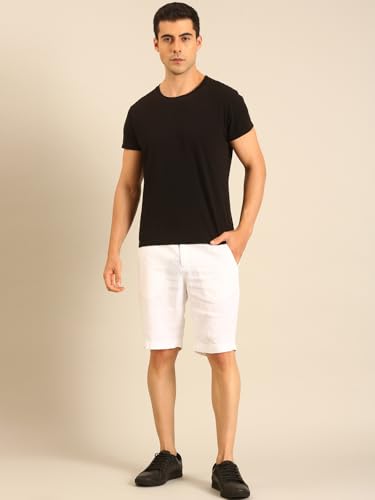 Linen Club Men's Linen White Solid Contemporary Fit Casual Shorts (Size:30)
