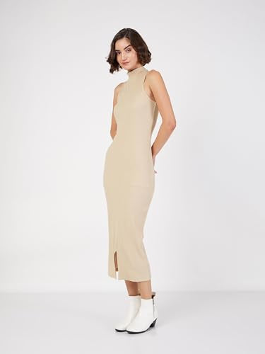 SASSAFRAS Women Beige Rib Turtle Neck Sleeveless Midi Dress -S