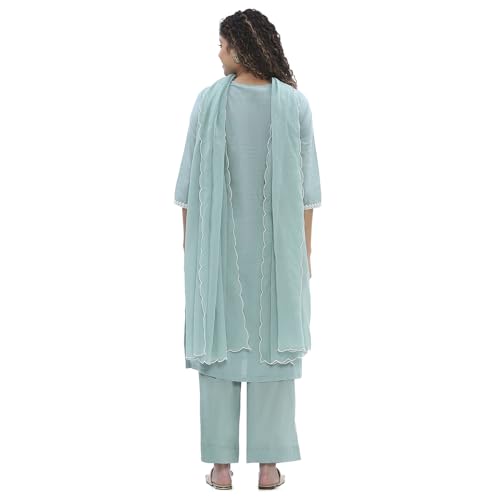 BIBA Women Green Cotton Straight Suit Set_42