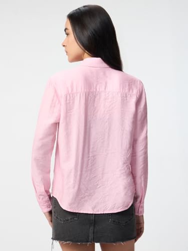The Souled Store Textured Shirt: Pink Bird Women and Girls Full Sleeves Spread Collar Pink Embroidered Relaxed Fit Lightweight Easy to Style Everyday Office Wear Winter-Ready Shirt