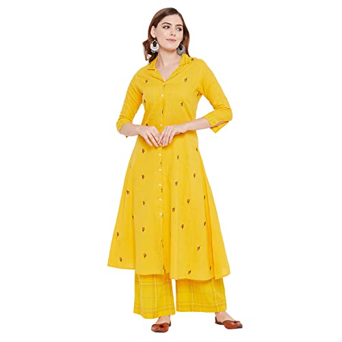 Rangavali Kurti Palazzo Set for Women | Readymade Straight Salwar Suit | Mangalgiri Cotton Straight Kurta for Womens | Printed Kurta with Printed Plazzo | 2 Pcs Set | L, 36 Yellow