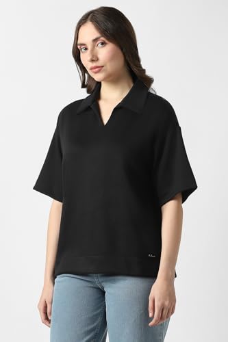 Women Black Solid Formal Stylized Neck Top