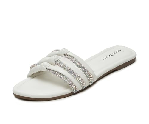LOUIS STITCH Women's Fashion Flat Slip On Sandals | Open Toe White Stylish Flat Sandal for Ladies, Comfortable All day Wear Slipper | LSOF-LDSL-GLTSWH | (UK-3)