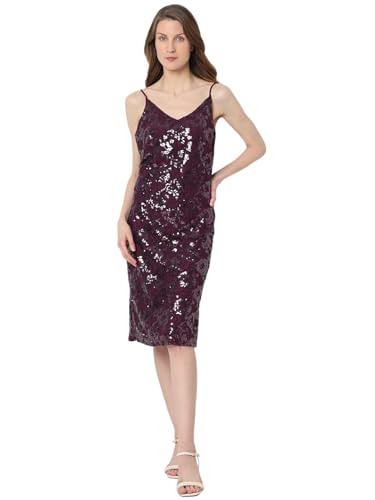VERO MODA Women Embellished Maroon Polyester Knee Length Shift Dress
