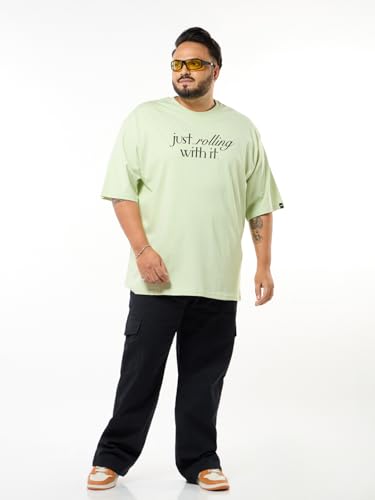 Bewakoof Men's Graphic Print Oversized Fit Half Sleeve Round Neck Cotton Plus Size T-Shirt_694214_Green_6XL