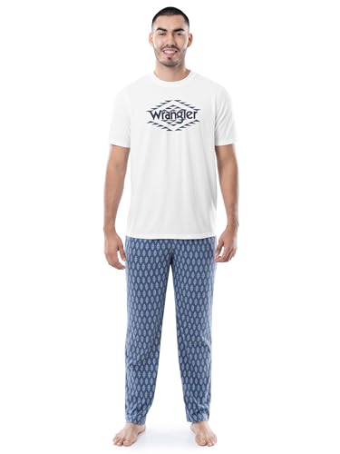 Wrangler Men's Jersey Top and Micro-sanded Pants Pajama Sleep Set, White/Blue, Large