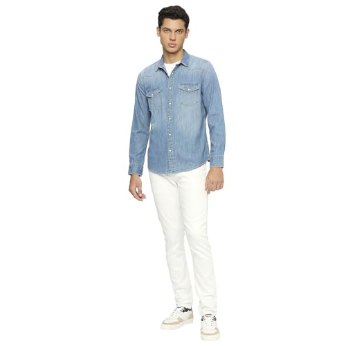 Pepe Jeans Men Cotton Solid Regular Fit Shirt (PM308261G22_MID WASH Indigo Blue, XL
