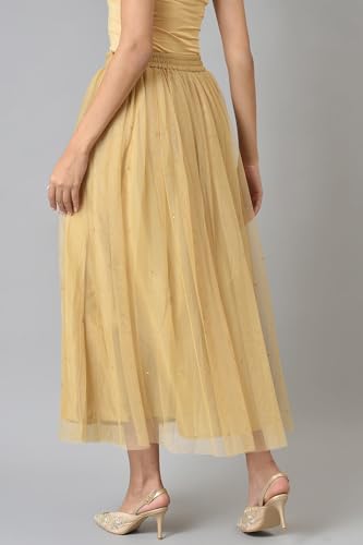 W for Woman Gold Solid Sequined Flared Mesh Skirt (W50471-218220-S)