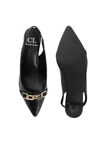 Carlton London Women Black Stylish Slip On Shimmer Backstap Fashion Sandals for Casual use, Outdoor, Party and Holidays with Kitten Heels (38)
