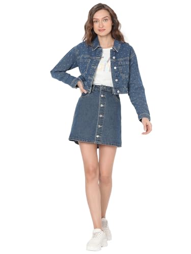 VERO MODA Women Solid Blue Cotton Regular Fit Crop Length Denim Jacket