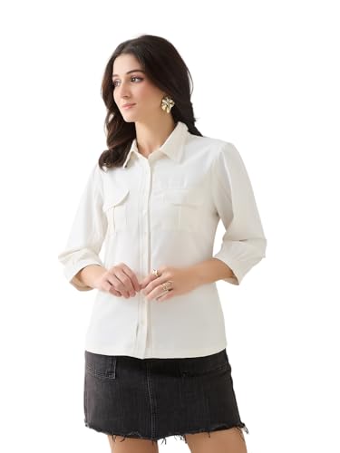 Latin Quarters Women White Solid 3/4th Sleeves Collar Neck Casual Shirt_XL