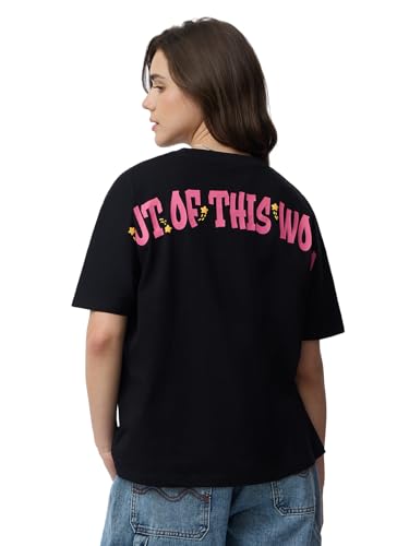 The Souled Store Lilo & Stitch: Out of This World Women and Girls Short Sleeves Round Neck Black Graphic Printed Cotton Oversized T-Shirts