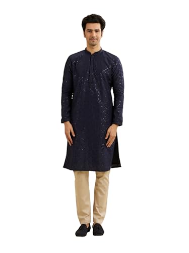 Manyavar Men's Art Silk Sequin Work Kurta Pyjama Set (Dark Blue,XL)