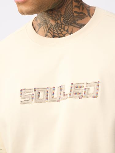 The Souled Store Oversized T-Shirt Oyster Men and Boys Short Sleeves Round Neck Off White Embroidered Shoulder Panel Casual Lightweight Drop Shoulder Streetwear Trendy Oversized T-Shirts