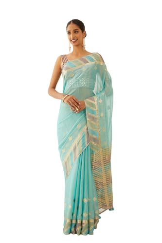 Taneira Women Blue Tissue Georgette Woven Saree with Unstitched Blouse Piece (SPG07J00040-Blue)