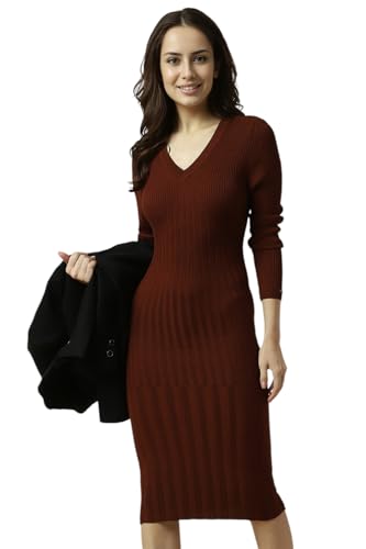 Allen Solly Women's Viscose Modern Calf Length Dress (AHFDWRGHO76981_Brown