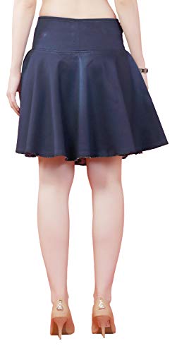 FCK-3 Stretchable Denim Dark Blue Color Flared Broad Waist Band Four Buttoned Lightly Faded Skirt for Women-32