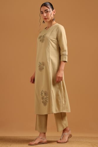 Soch Womens Beige Cotton Flex Floral Thread Work Kurta Set
