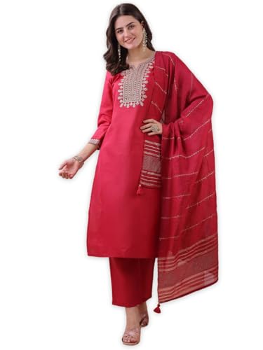 Hritika Pink Cotton Blend Embroidered Kurta with Pants and Dupatta Set | Ethnic Set | Suit Set | Kurta Set | Wedding Suit Set for Women