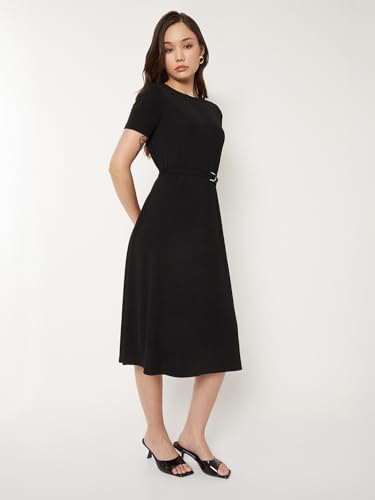 Max Women Textured A-line Belted Dress (Black_XL)