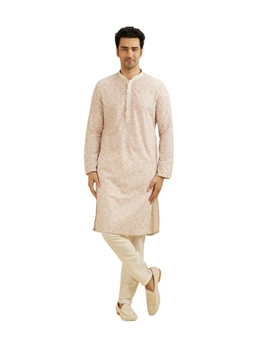 Manyavar Men's Cotton Blend Digital Print|Embroidery Kurta Set (Pink,S)