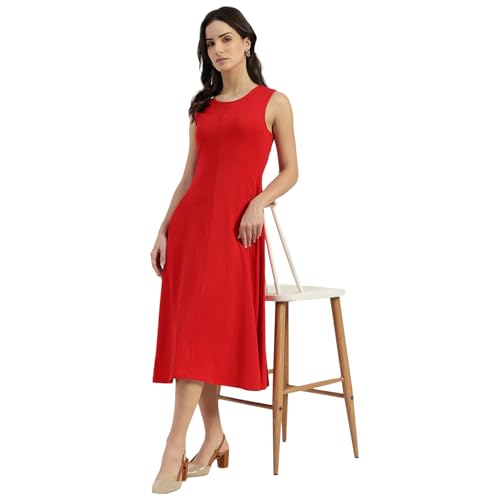 United Colors of Benetton Round Neck Solid A-Line Dress (Size: EL) - 26P3E99W3821IRC5 Red