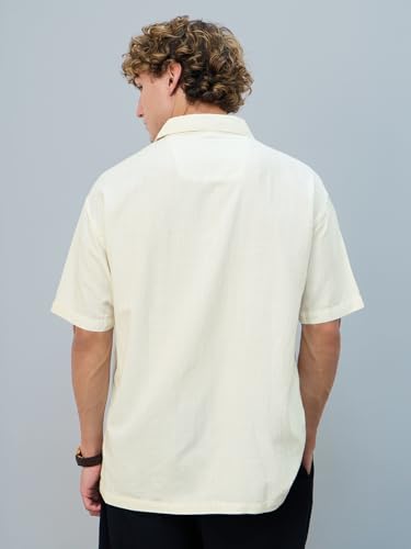 The Souled Store Earthbound Hawaiian Shirt: Men and Boys Short Sleeves Collared Neck Embroidered Cotton Blend Oversized Casual Shirt |Cream, XS