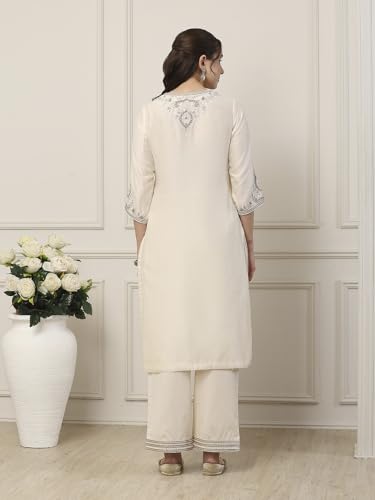 Biba Women White Silk Chanderi Straight Suit Set_34