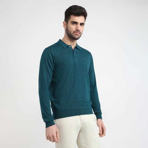 Raymond Men Contemporary Fit Solid Pattern Marino Wool Acryalic Blend Rib Collar Full Sleeve Casual Sweater