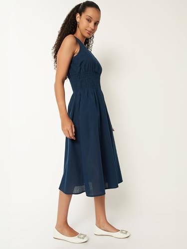 Max Women Solid A-line Dress (Blue_L)