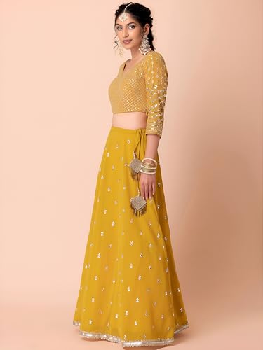 Zeel Clothing Women's Georgette Embroidered Fabric Sequins Embroidered New Lehenga Choli with Dupatta (5071-Yellow-Wedding-Designer-Latest; Free Size), Customizable Length