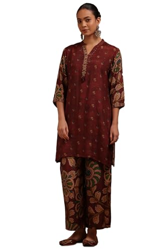 Soch Womens Wine Muslin Kalamkari Print Co-Ord Set With Beads