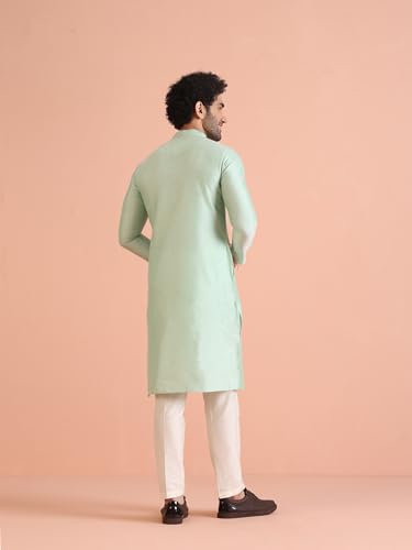 KISAH Men's Kurta Trouser Set, Green Silk Blend, Solid Regular Fit Mandarin Collar Long Sleeves, 44