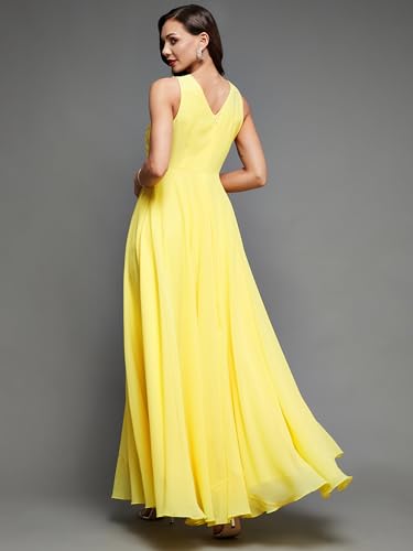 Miss Chase Women's Round Neck Sleeveless Embellished Frilled Georgette Maxi Dress (MCAW22D99-88-EFE-06, Carmine Yellow, XL)