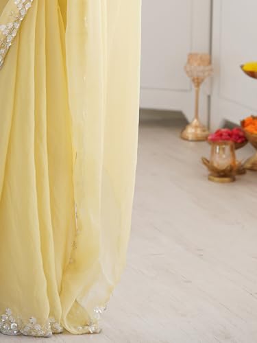 AKHILAM Women's Shimmer Lemon Yellow Chiffon Embellished Saree With Unstitched Blouse Piece (AARYAN21203_KR)