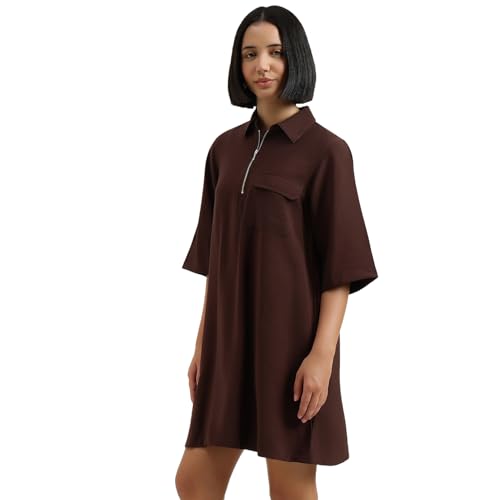 United Colors of Benetton Regular Fit Regular Collar Solid Dress (Size : S) - 26P4WVNDRX54I1Y0 Brown