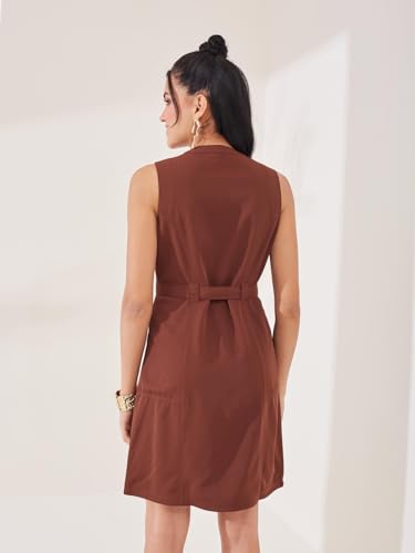 Latin Quarters Women's Brown Solid Sleeveless Mandarin Neck Casual A-Line Dress_XL