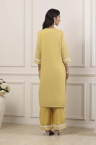 Biba Women Yellow Zari Cotton Tissue Straight Suit Set_32