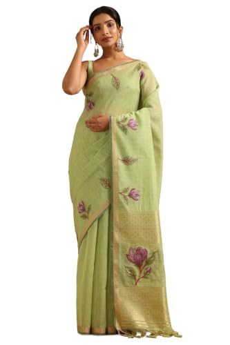 Soch Womens Light Green Organza Woven Design Saree