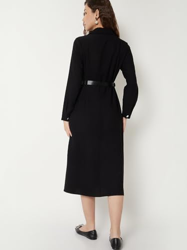 Max Women Solid A-line Shirt Dress with Belt (Black_XS)