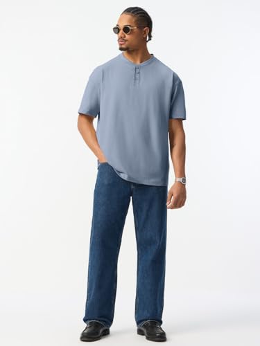 The Souled Store: Marine Men and Boys Short Sleeve Band Neck Henley Solid Textured Cotton Oversized Fit Lightweight Drop Shoulder Streetwear Trendy Polo Shirts