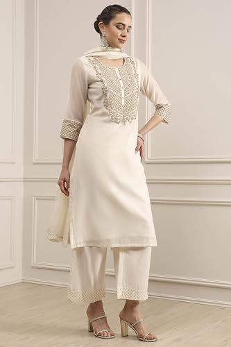Biba Women's Polyester Kurta, Bottom, Dupatta (SKDUTSV31130AW25OWHT