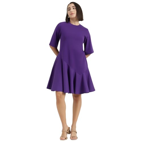 United Colors of Benetton Round Neck Solid Dress (Size : XS) - 26P3099W3823IV19 Purple