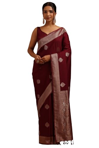 Soch Womens Wine Viscose Silk Ethnic Motifs Zari Woven Saree