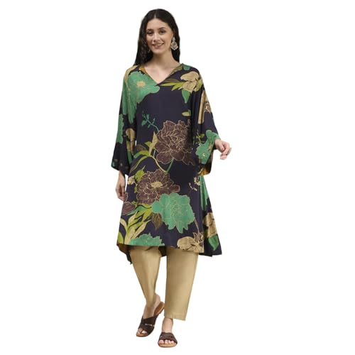 Biba Women's Rayon Printed Regular Kurta (EXPN30403AW25CHAR_Charcoal