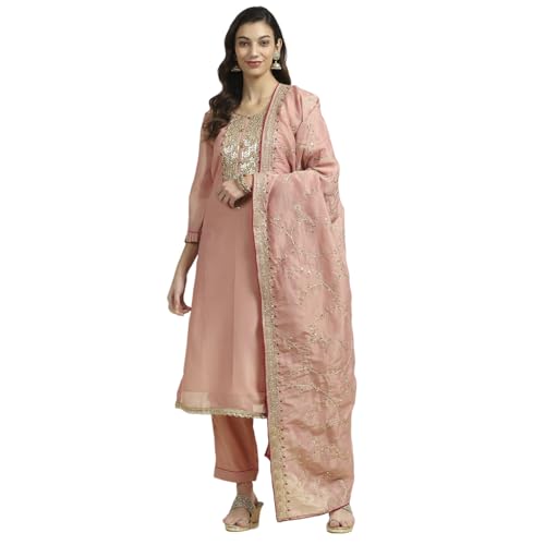BIBA Women's Pink Tissue Machine Embroidered Unstitched Suit Set